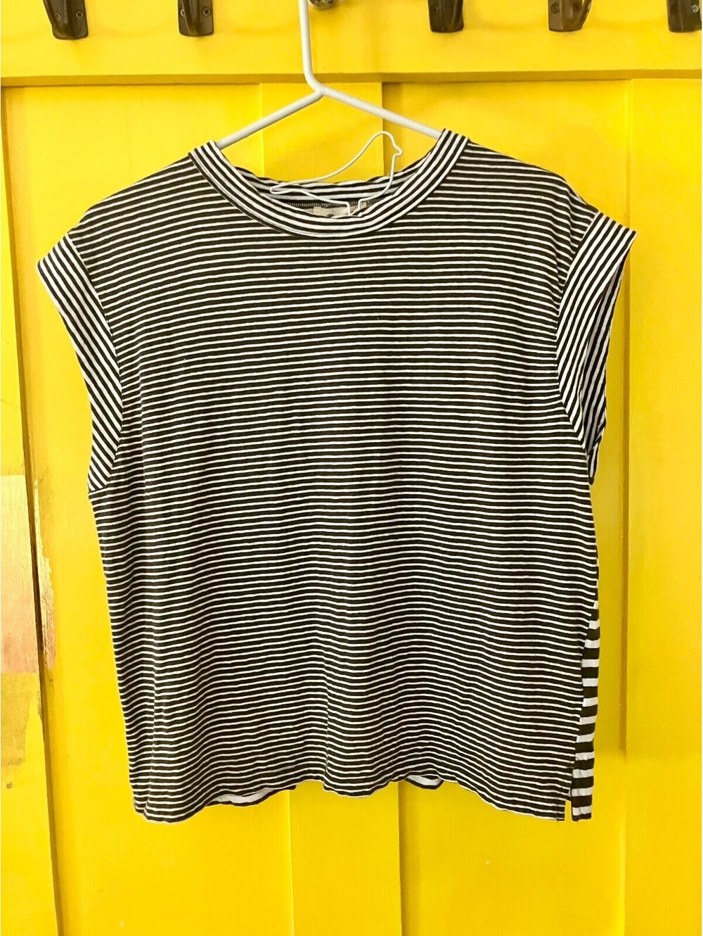 Madewell Black White Stripe Boxy Tee Mixed Direction Breton Cap Sleeve M